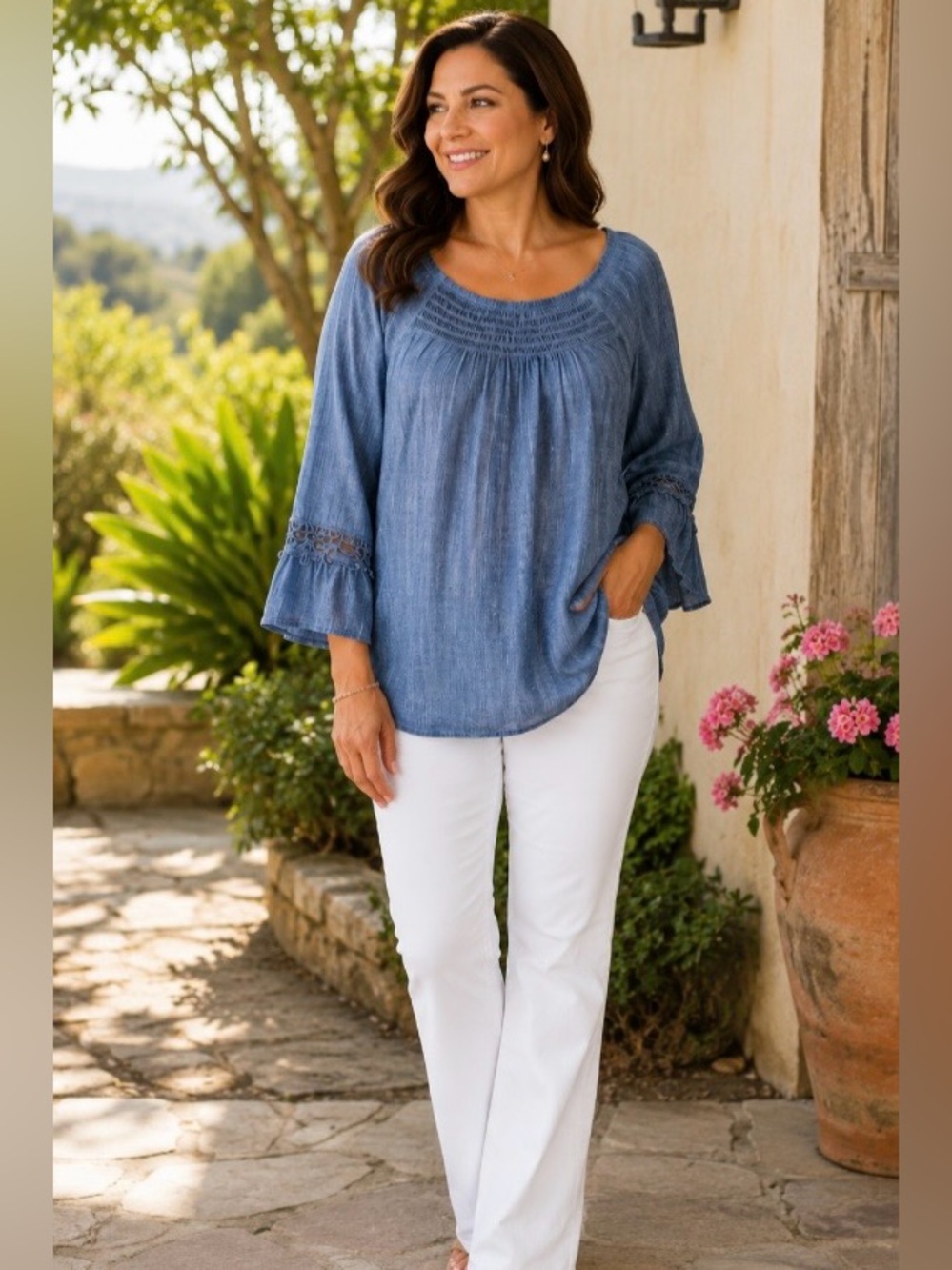 Spense Womens Petite Small Blue Peasant Top Crochet Sleeve Inset Distressed Boho